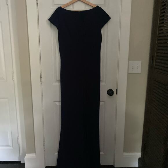 Mac Duggal Ieena Gown Dress Maxi Navy Blue Slit V Neck Sleeves Ruched Stretch - Picture 8 of 11
